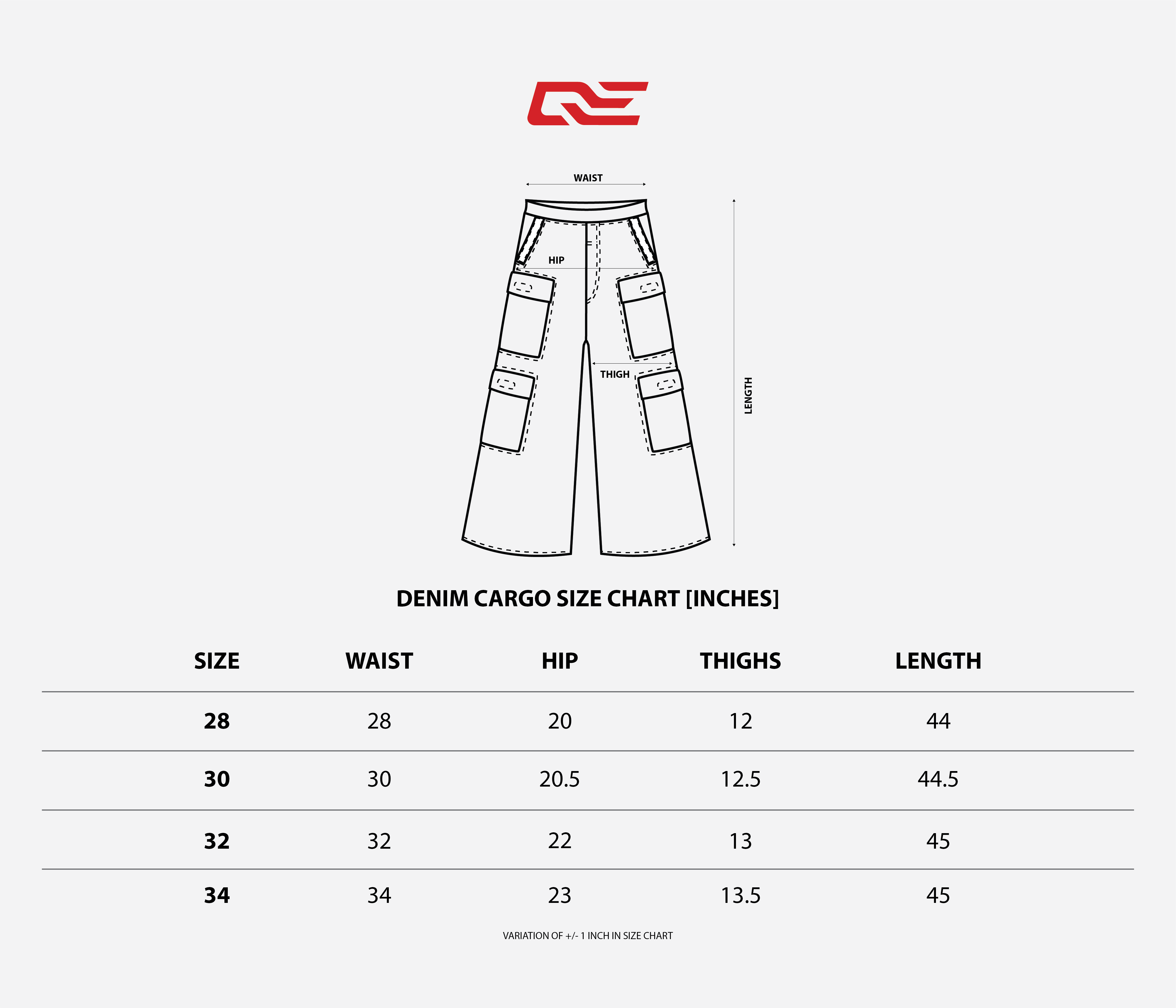 Size Chart for Black Olive Cargo Denim ( 4 Pockets )